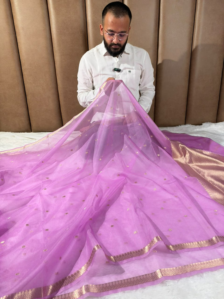Lavender Purple Zari Butti Silk Saree With Elegant Border