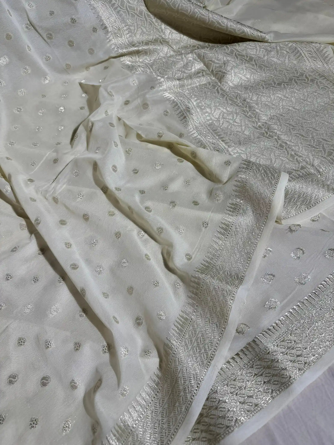 White Banarasi Khaddi Shiffon Silk Saree with rich pallu and blouse