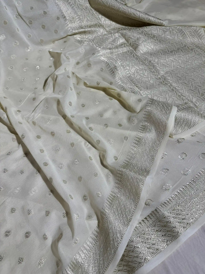 White Banarasi Khaddi Shiffon Silk Saree with rich pallu and blouse