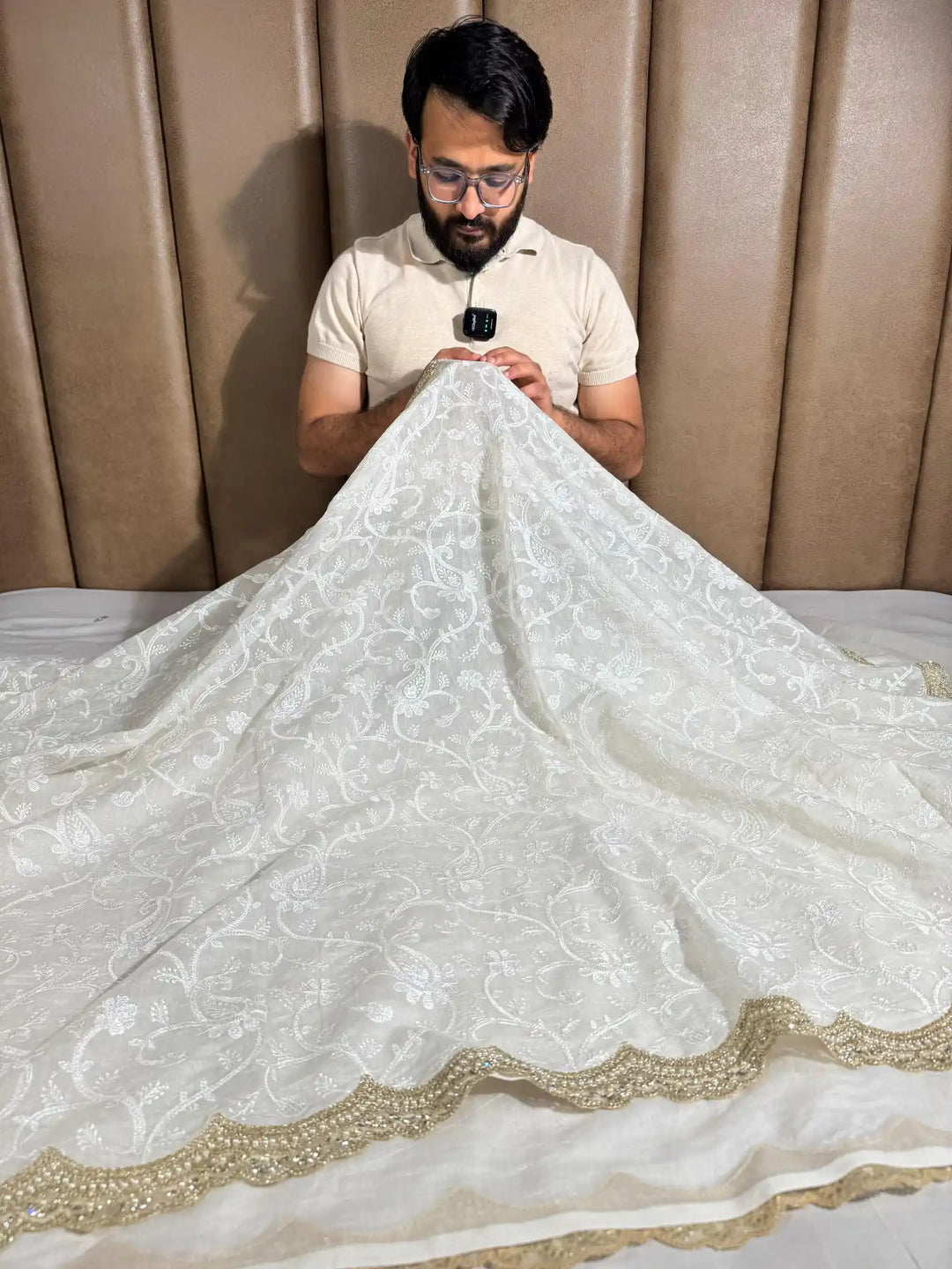 White Pure Mul Chanderi Chikankari Embroidery Banarasi Saree