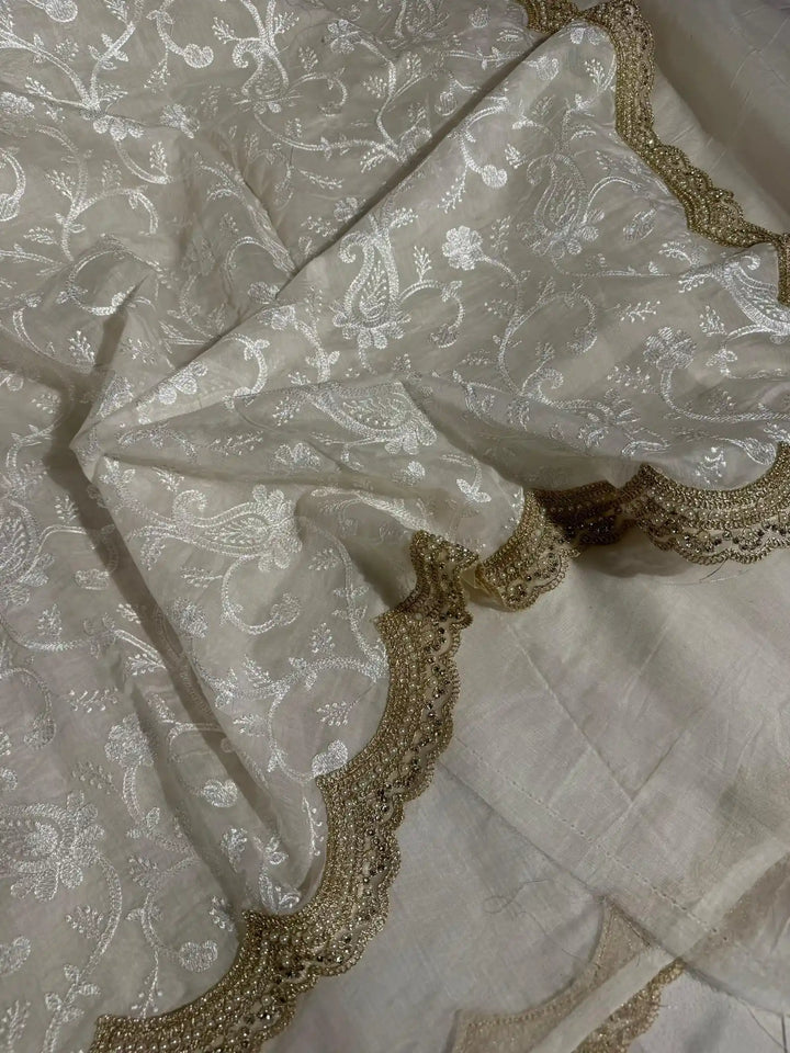 White Pure Mul Chanderi Chikankari Embroidery Banarasi Saree