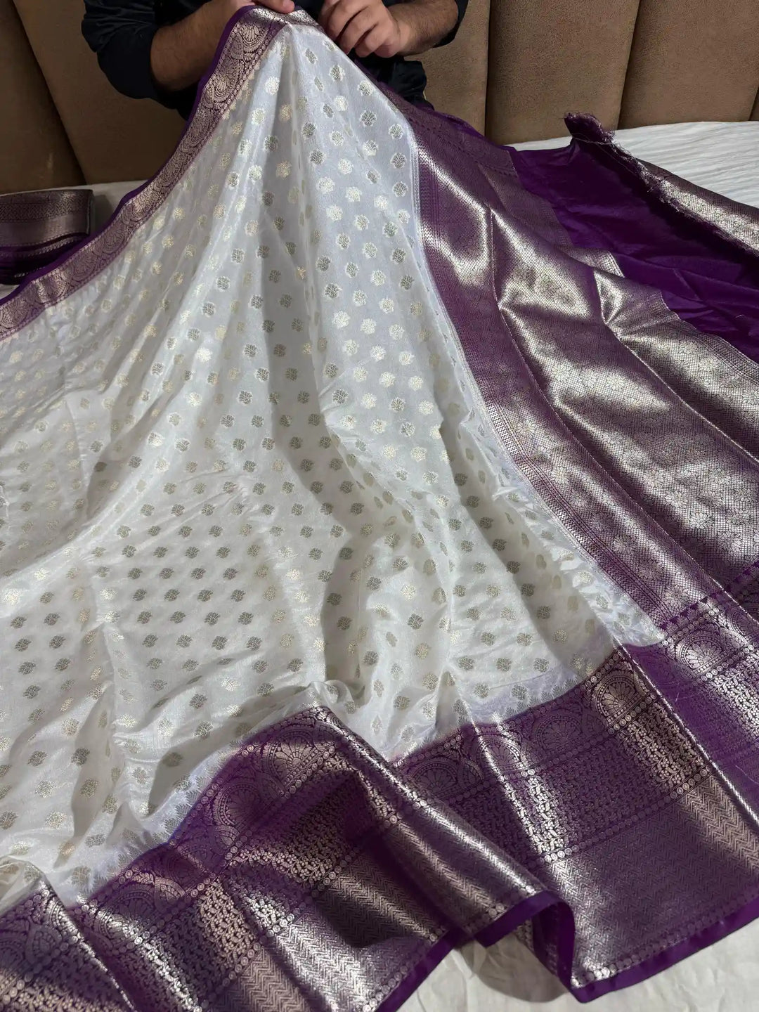 White Warm Silk Khaddi Buti Saree with Rich Pallu and Blouse