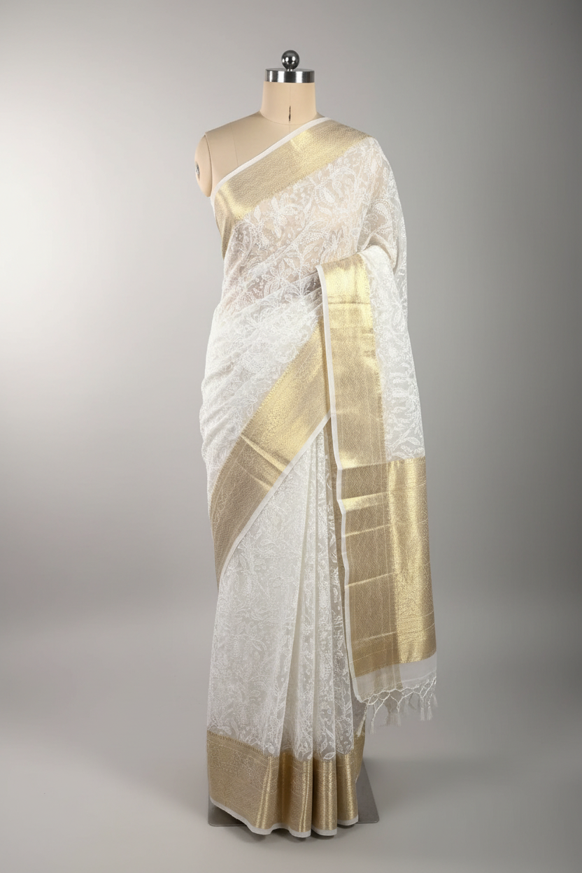 White Organza Silk Chikankari Work Banarasi Saree