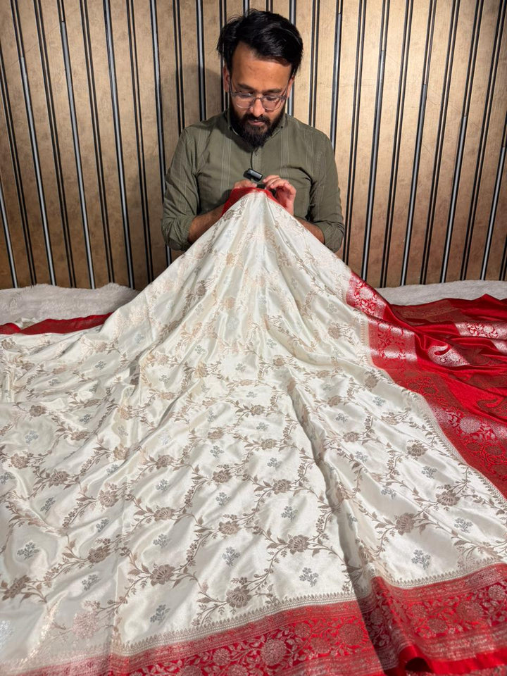 White n Red Mashru Katan Silk Floral Jaal Weave Banarasi Saree