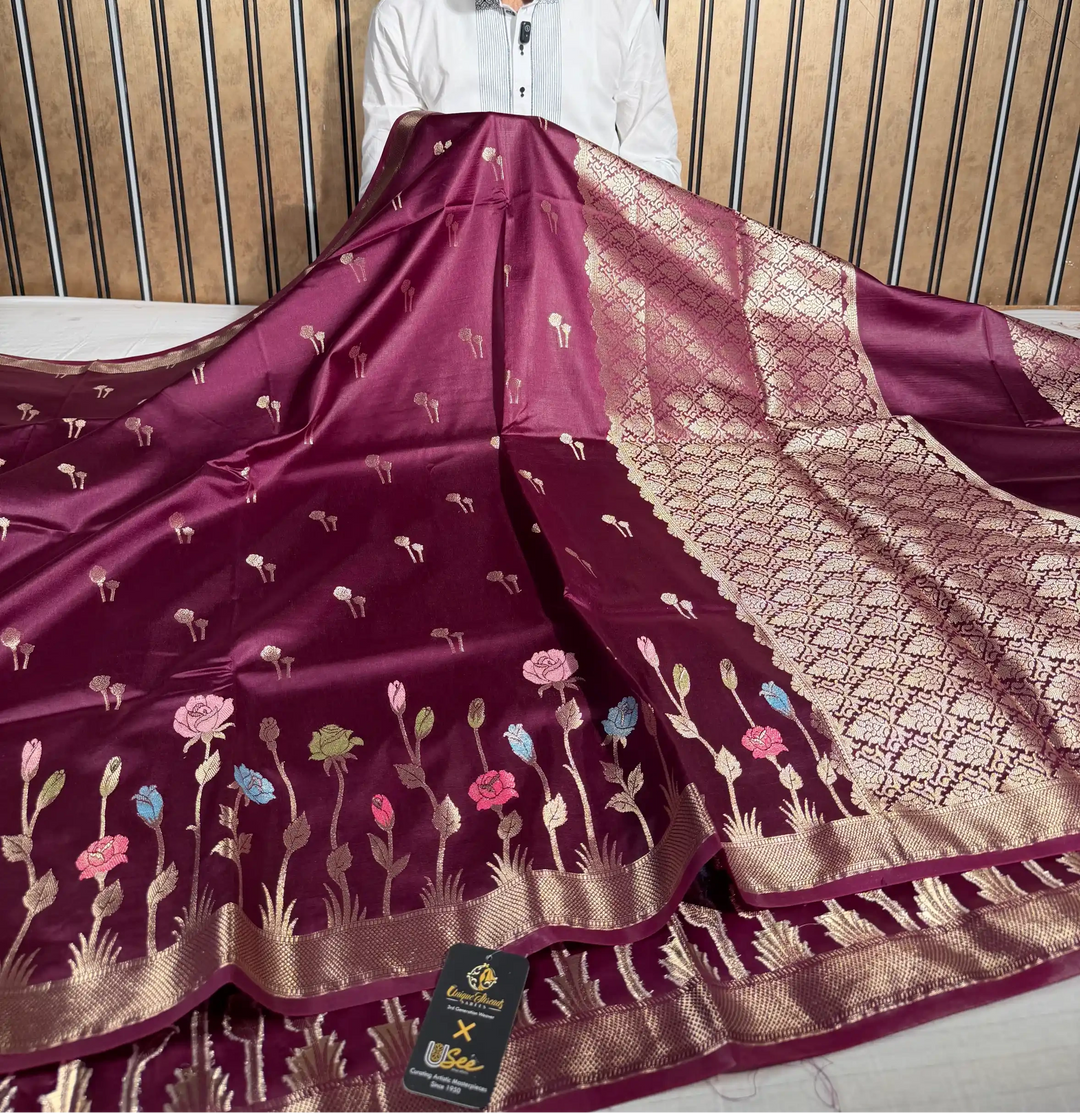 Wine Raw Dupion Silk Contemperory Banarasi Saree