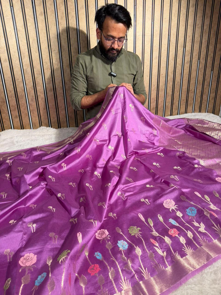 Wine Raw Dupion Silk Contemperory Banarasi Saree
