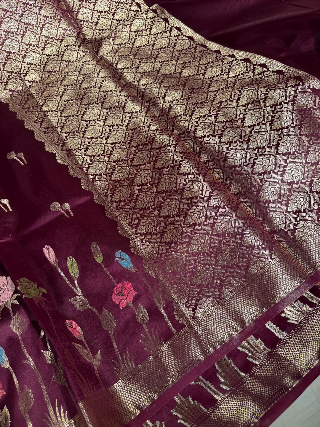Wine Raw Dupion Silk Contemperory Banarasi Saree