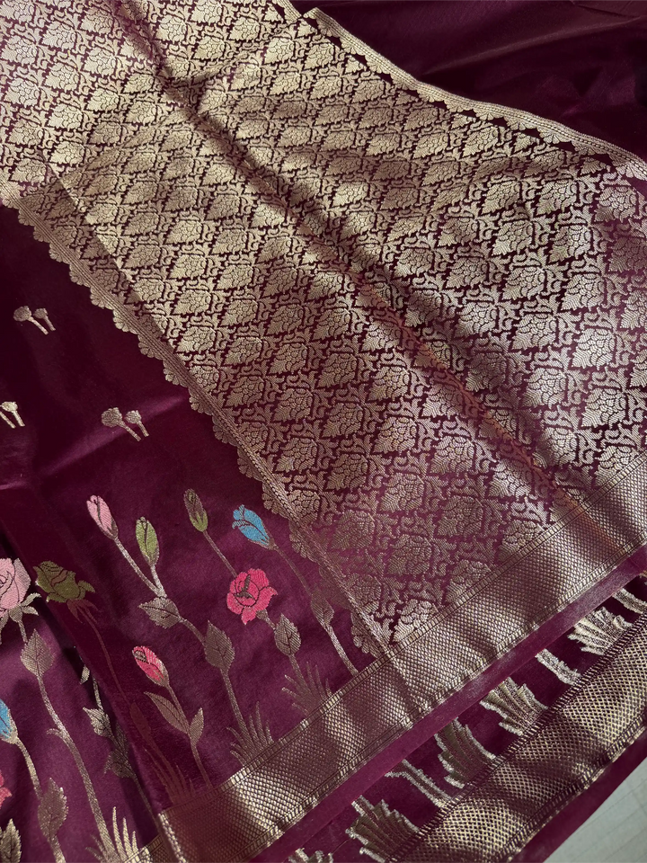 Wine Raw Dupion Silk Contemperory Banarasi Saree
