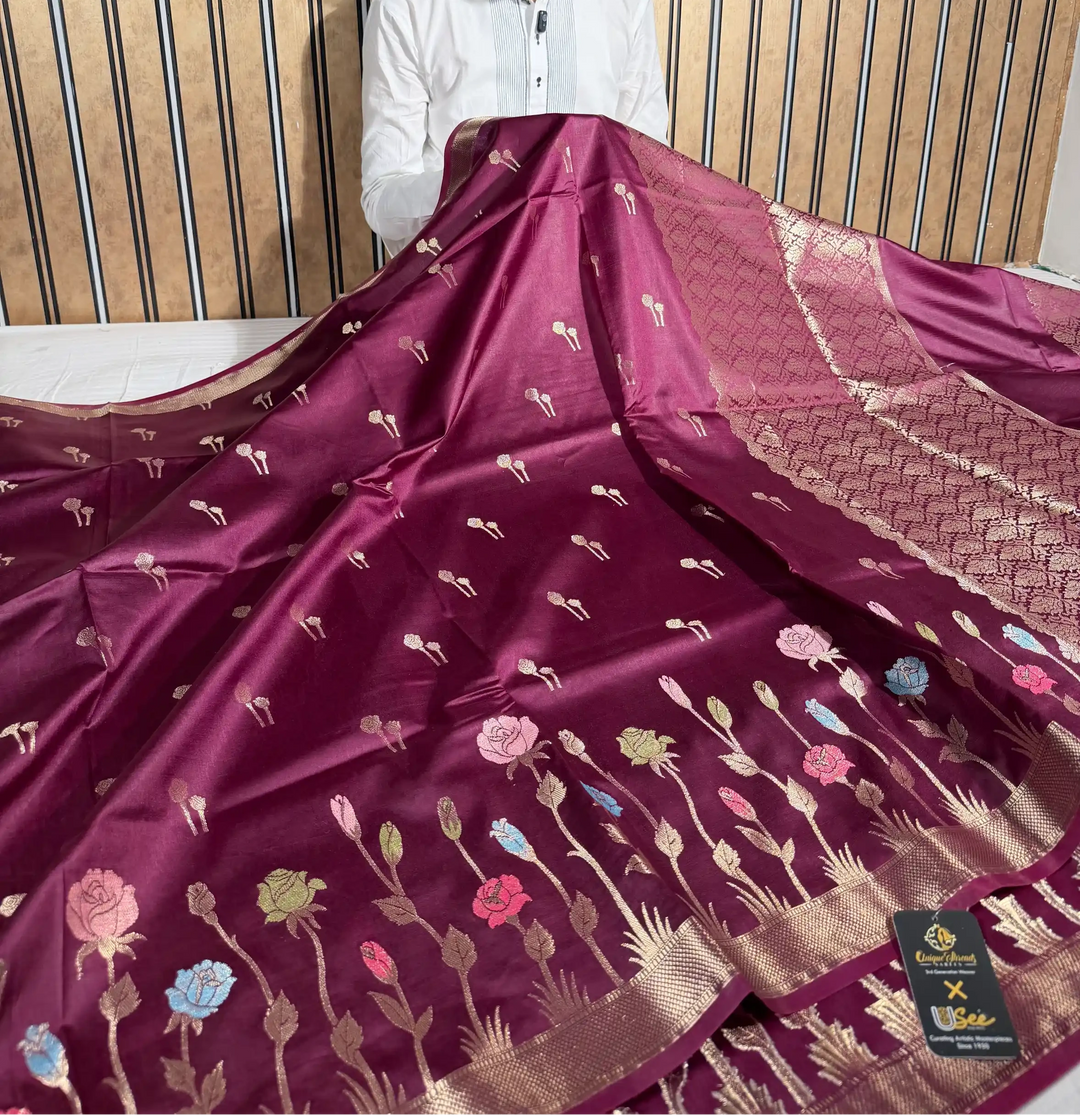 Wine Raw Dupion Silk Contemperory Banarasi Saree