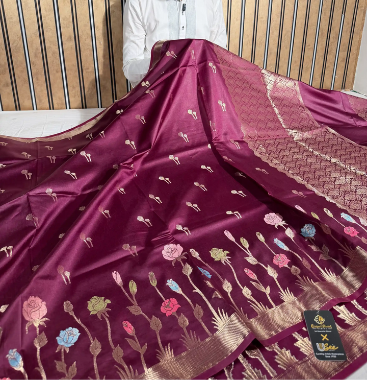 Wine Raw Dupion Silk Contemperory Banarasi Saree