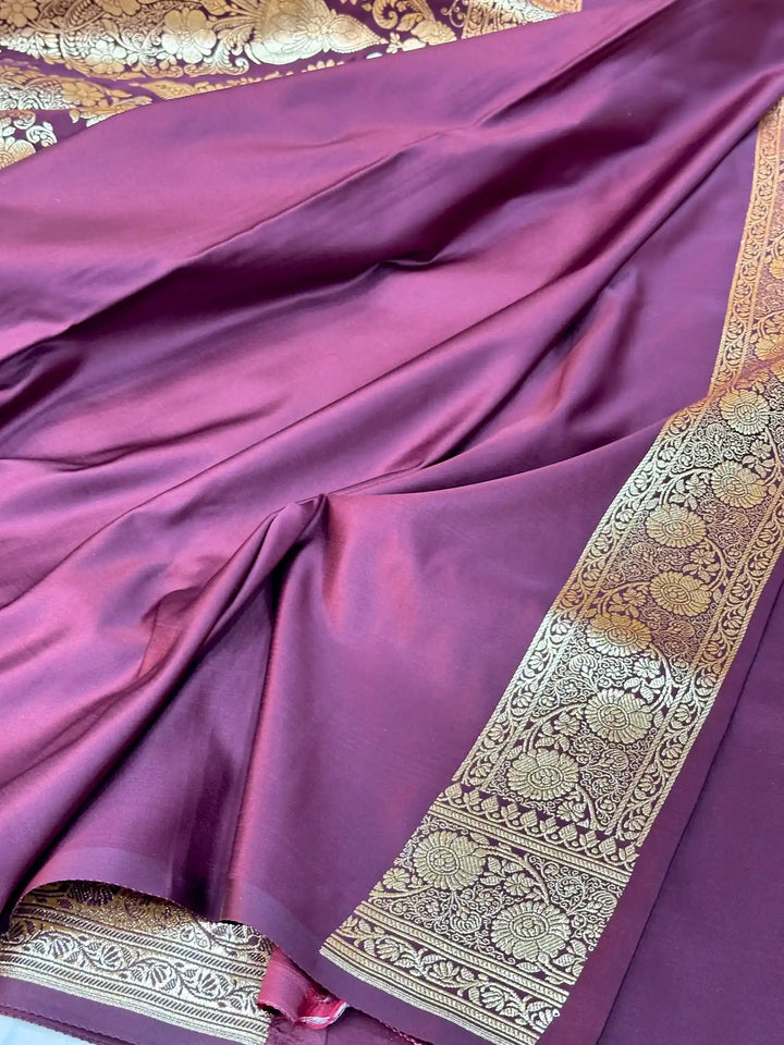 Wine Satin Silk Saree with Rich Texture Design and Classical Pallu