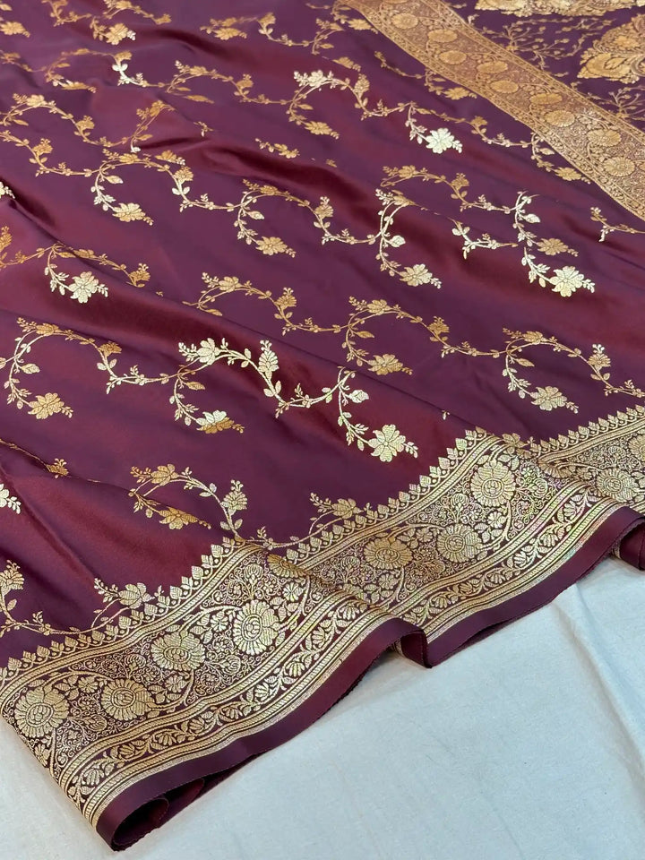 Wine Satin Silk Saree with Rich Texture Design and Classical Pallu