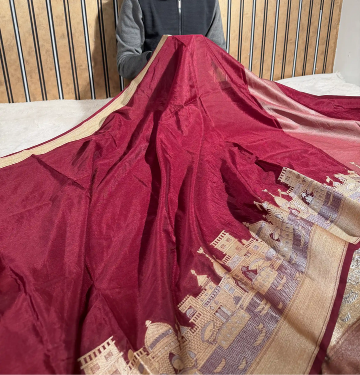 Wine Shade Ghats of Banaras Warm Silk Banarasi saree