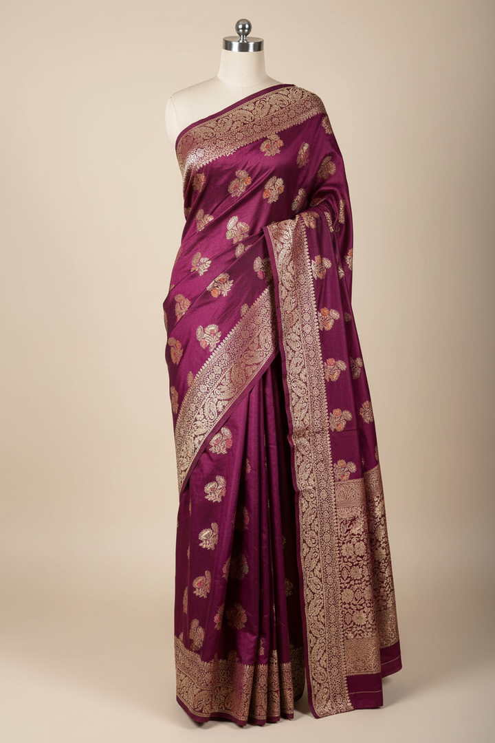 Wine Warm Silk Meenakari Traditional Buta Weave Banarasi Saree