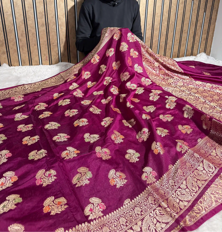 Wine Warm Silk Meenakari Traditional Buta Weave Banarasi Saree