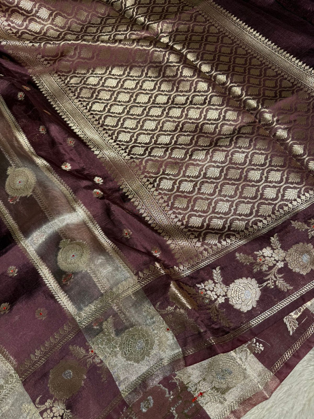 Wine Rangkat Chinia Tissue Silk Heritage Weave Banarasi Saree