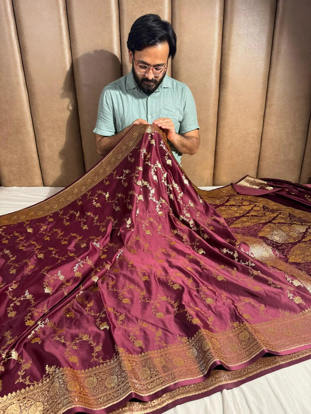 Wine Satin Silk Saree with Rich Texture Design and Classical Pallu