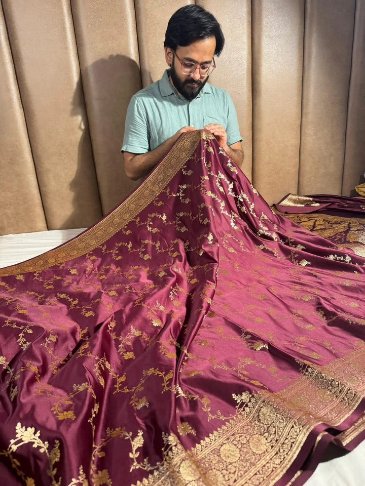 Wine Satin Silk Saree with Rich Texture Design and Classical Pallu