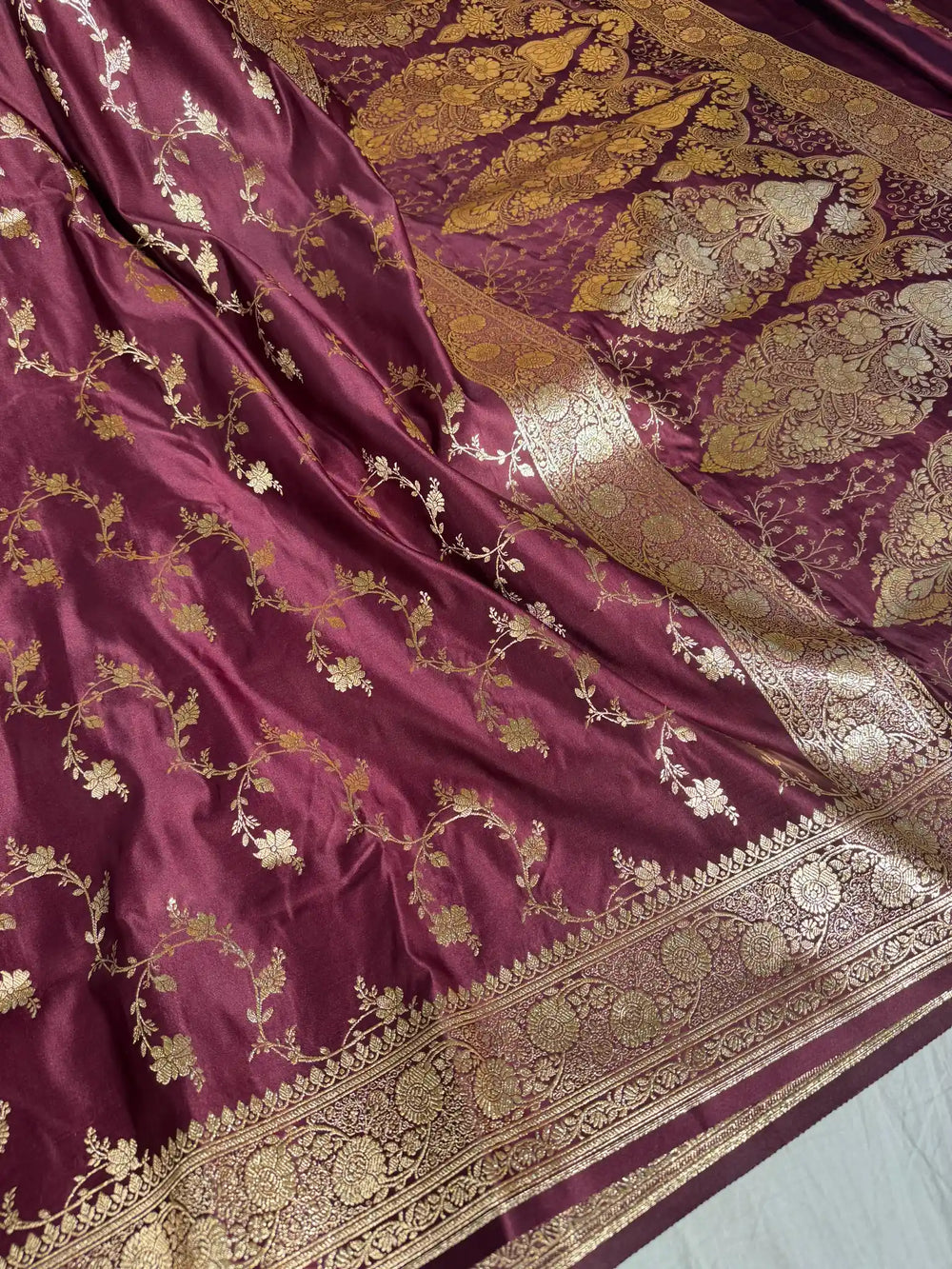 Wine Satin Silk Saree with Rich Texture Design and Classical Pallu