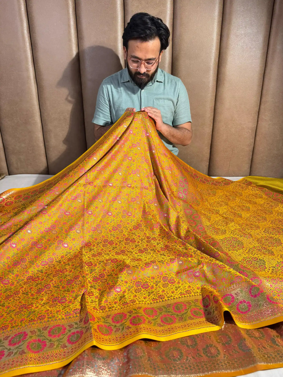 Yellow Banarasi Pashmina Embossed Katan Silk Saree with Rich Pallu and Blouse 