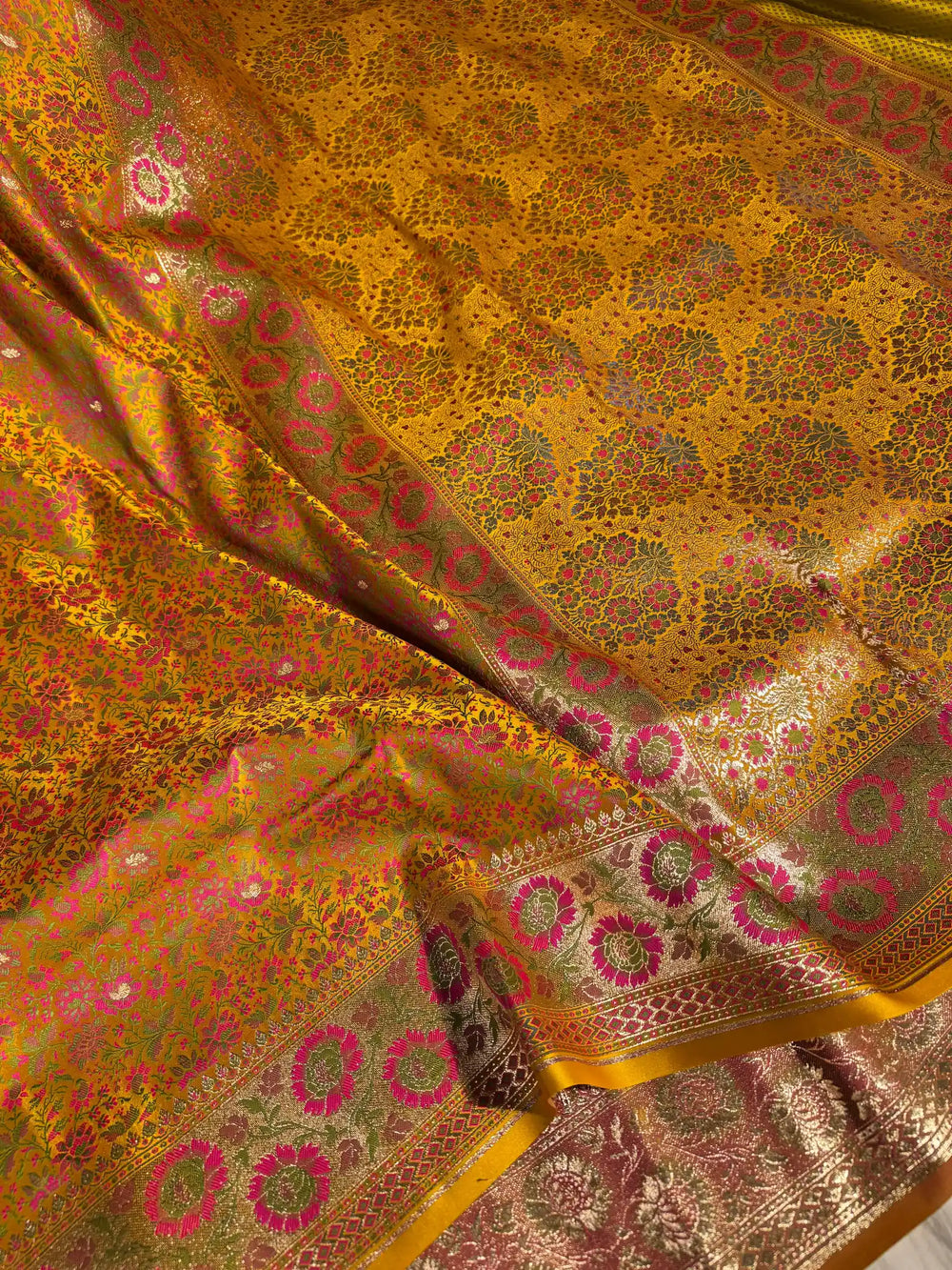 Yellow Banarasi Pashmina Embossed Katan Silk Saree with Rich Pallu and Blouse 