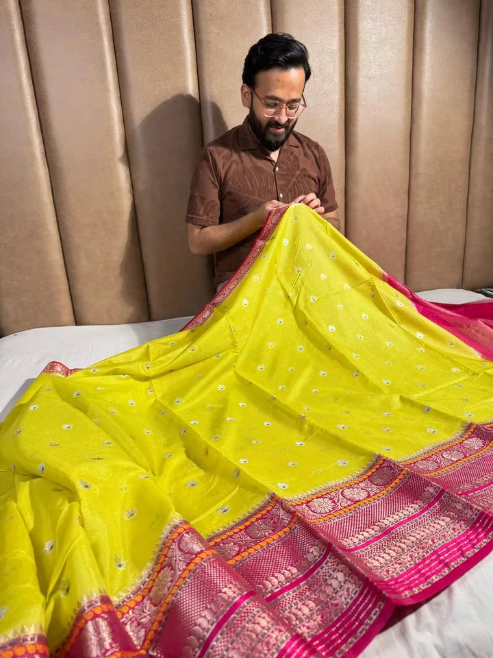 Yellow Banarasi Warm Silk Saree with Traditional Border