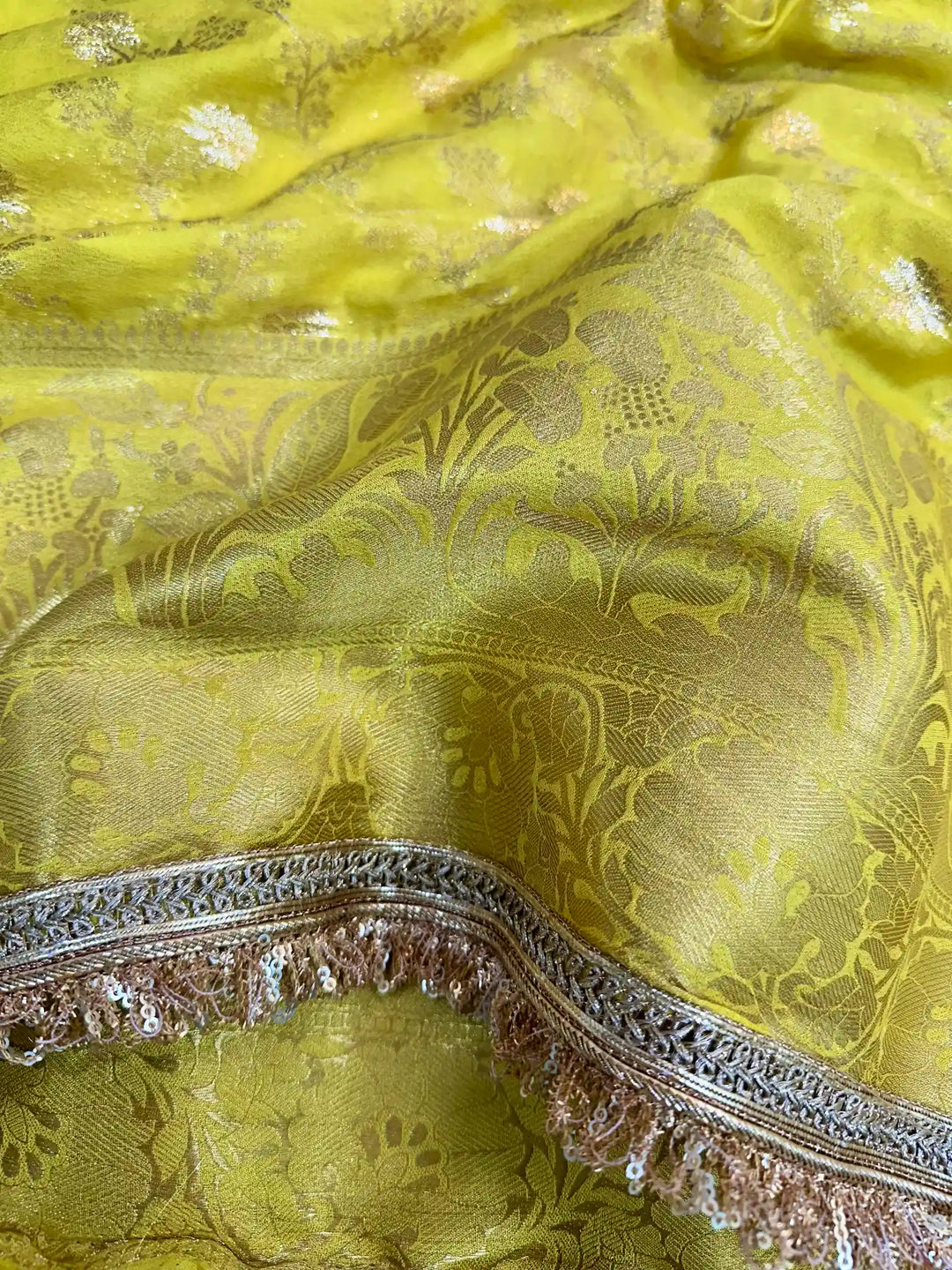 Yellow Chiniya Silk Designer Lace Attached Banarasi Saree