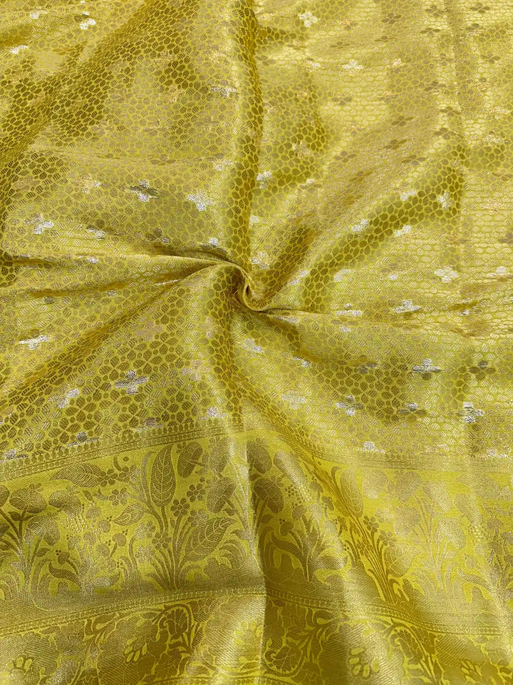 Yellow Chiniya Silk Designer Lace Attached Banarasi Saree