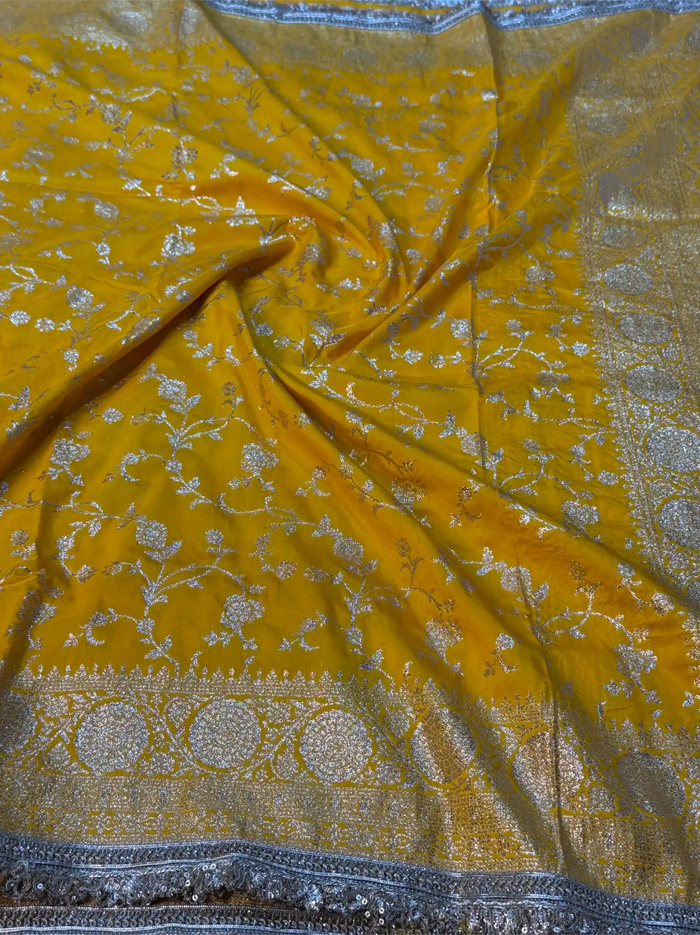 Yellow Chiniya Silk Designer Rich Lace Attached Banarasi Saree