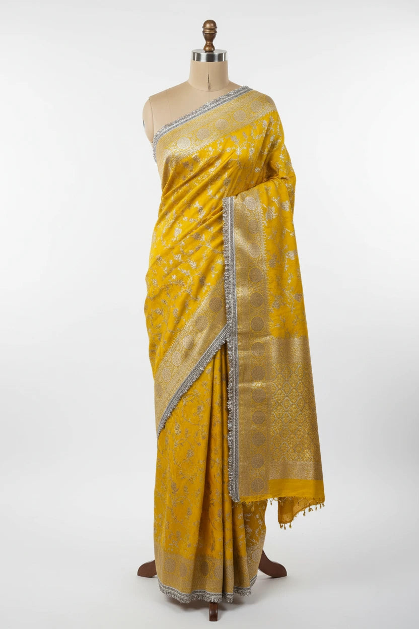 Yellow Chiniya Silk Designer Rich Lace Attached Banarasi Saree