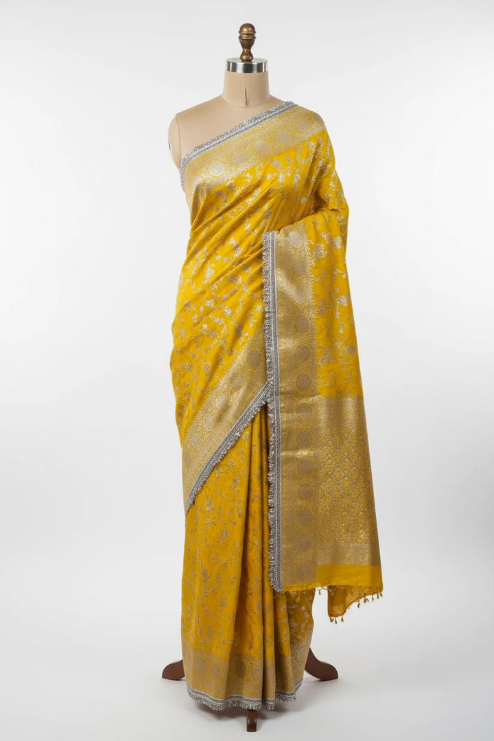 Yellow Chiniya Silk Designer Rich Lace Attached Banarasi Saree
