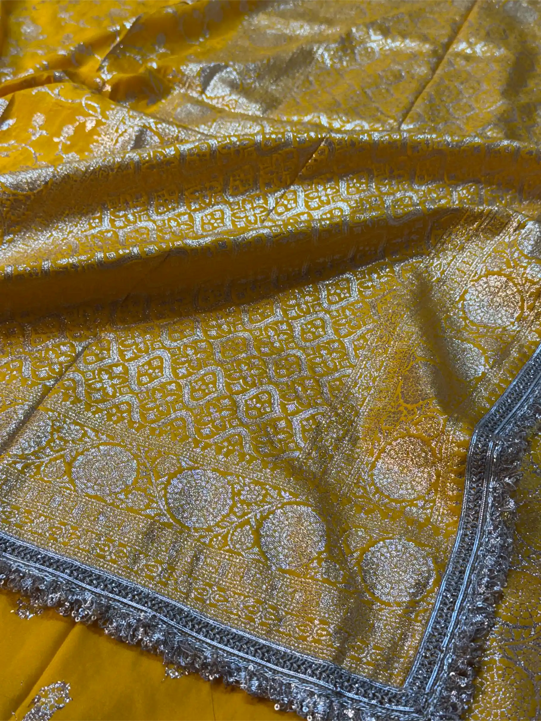 Yellow Chiniya Silk Designer Rich Lace Attached Banarasi Saree