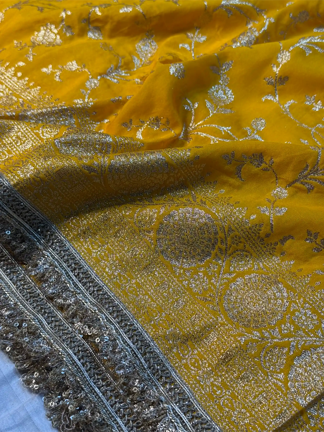 Yellow Chiniya Silk Designer Rich Lace Attached Banarasi Saree