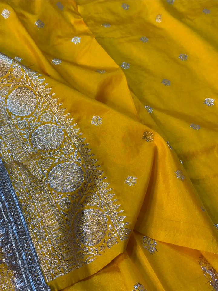 Yellow Chiniya Silk Designer Rich Lace Attached Banarasi Saree