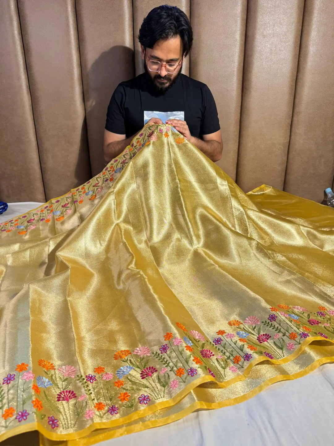 Yellow Designer Tissue Silk Saree with Rich Border Chikankari and pallu