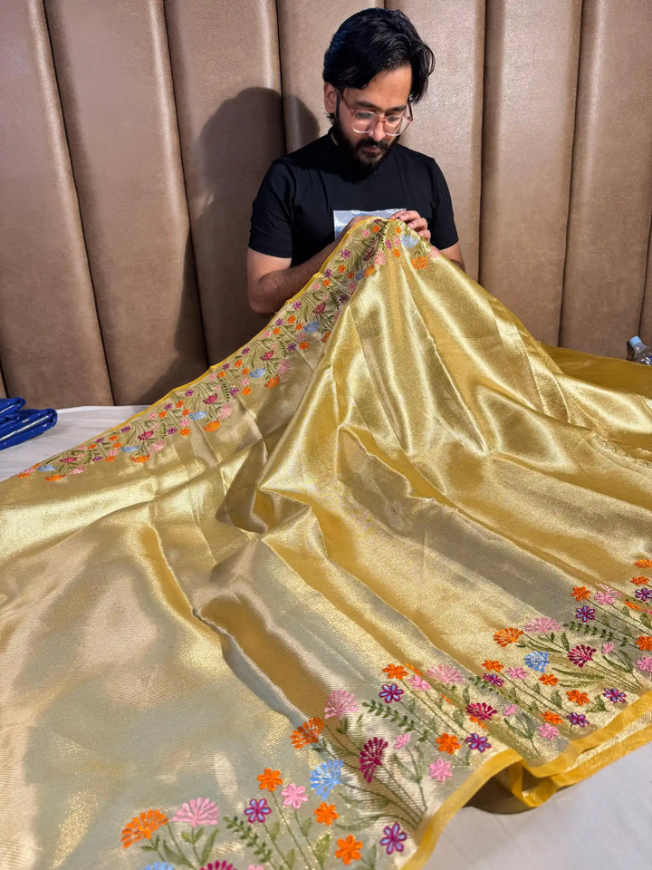 Yellow Designer Tissue Silk Saree with Rich Border Chikankari and pallu