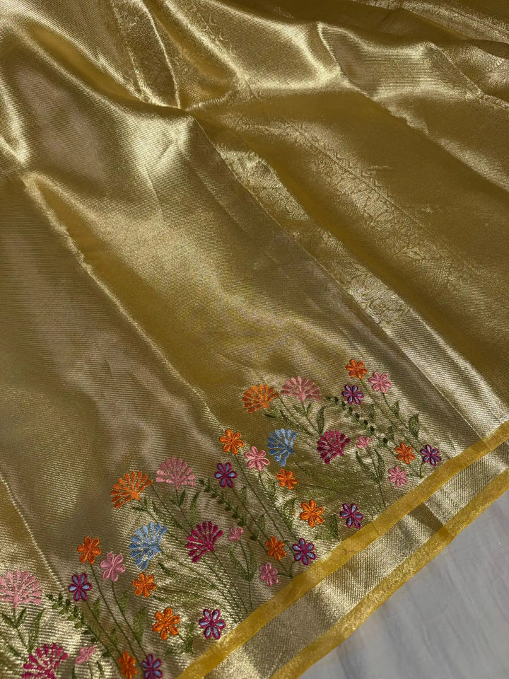 Yellow Designer Tissue Silk Saree with Rich Border Chikankari and pallu