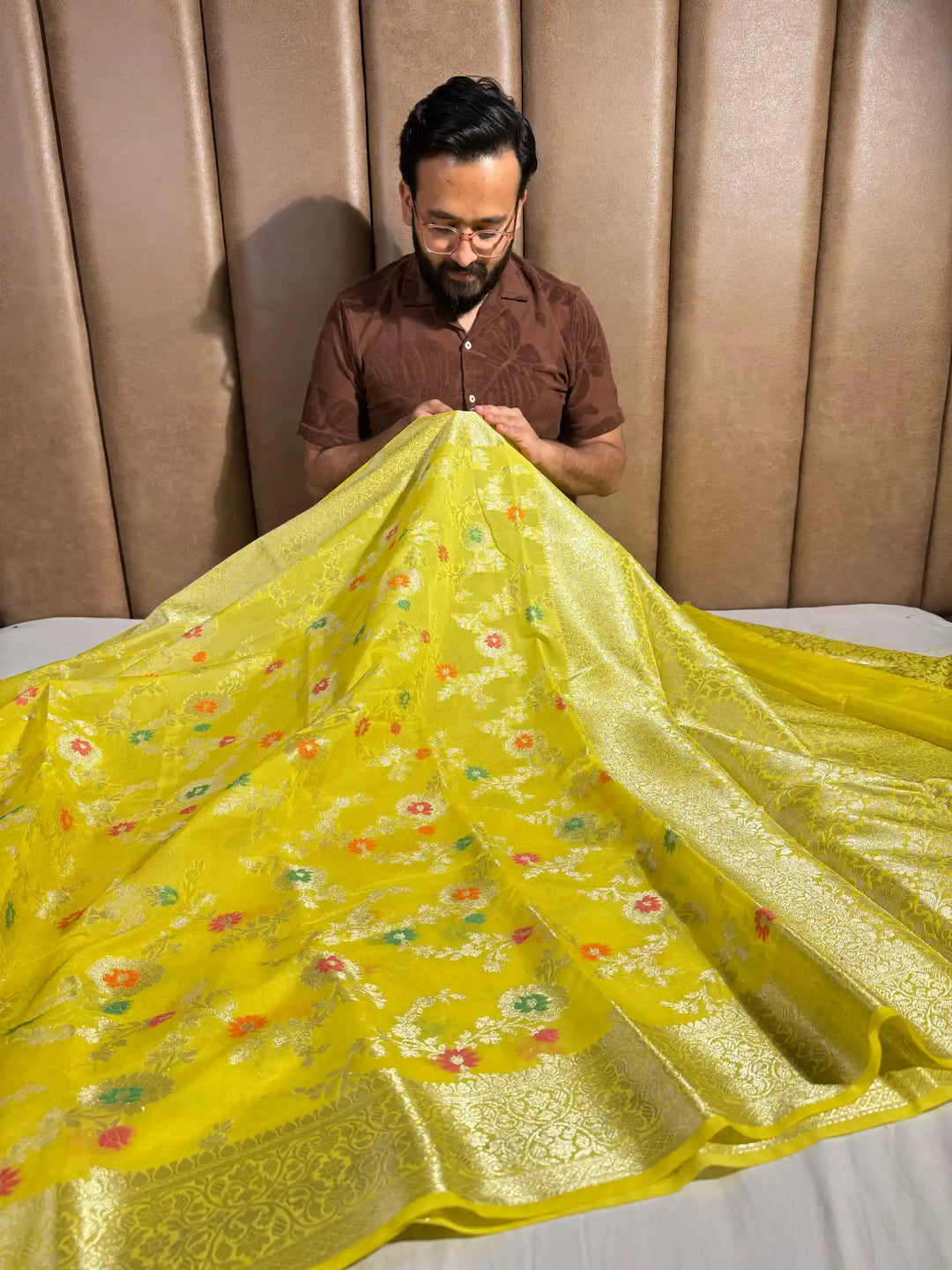 Yellow Georgette Silk Floral Meenakari Jaal Banarasi Saree