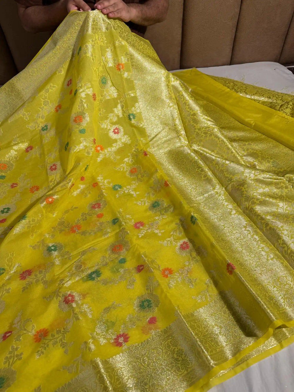 Yellow Georgette Silk Floral Meenakari Jaal Banarasi Saree