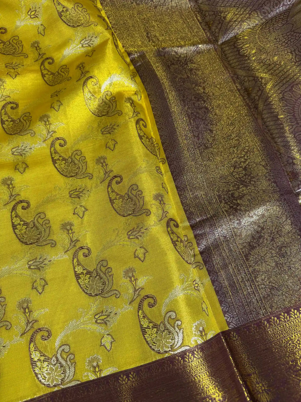 Yellow Kanchi Tissue Silk Saree woth rich pallu and blouse