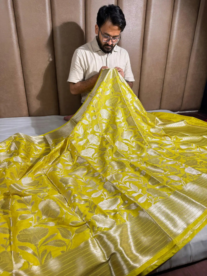 Yellow Katan Silk Saree with Rich Pallu and blouse