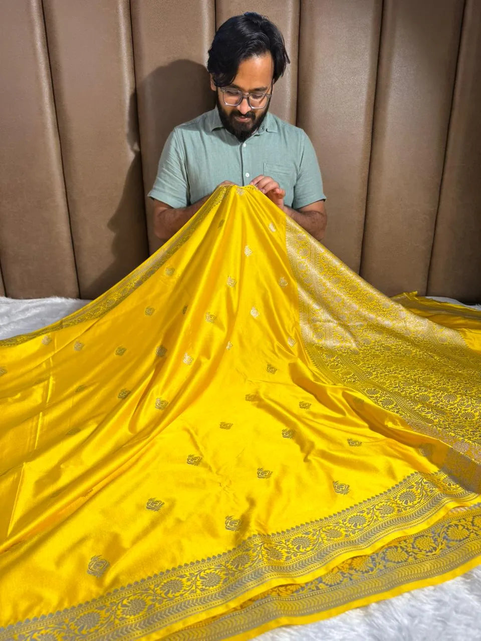 Yellow Mashru Katan Silk Buta Work Banarasi Saree