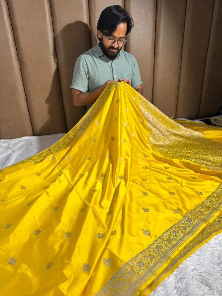 Yellow Mashru Katan Silk Buta Work Banarasi Saree