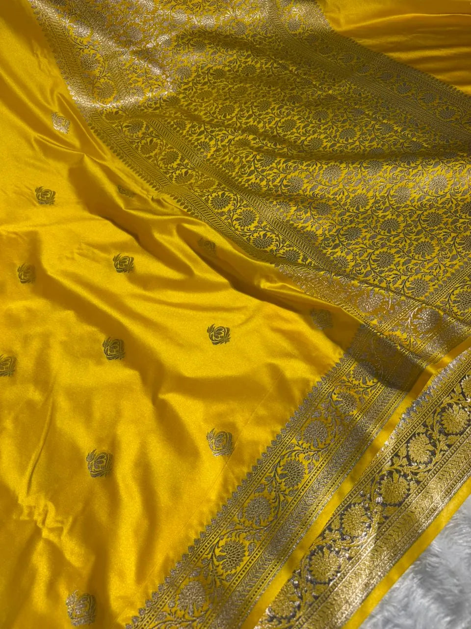 Yellow Mashru Katan Silk Buta Work Banarasi Saree