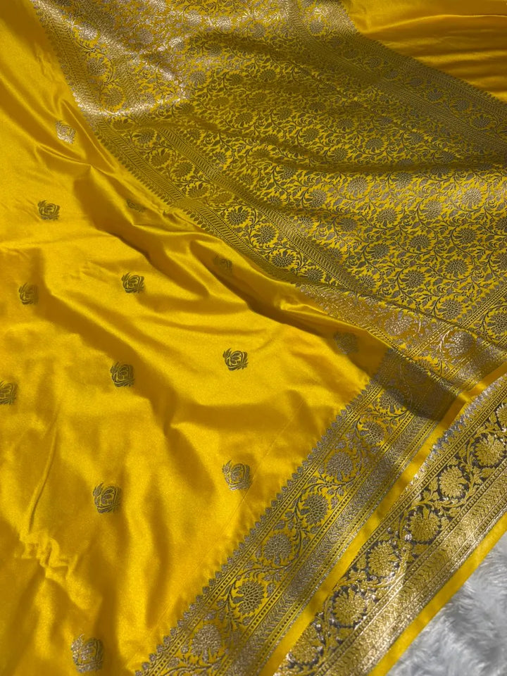 Yellow Mashru Katan Silk Buta Work Banarasi Saree