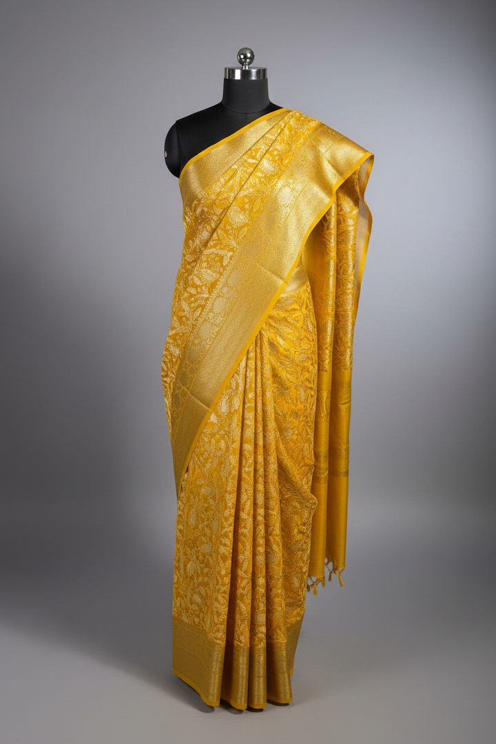 Yellow Organza Silk Chikankari Work Banarasi Saree