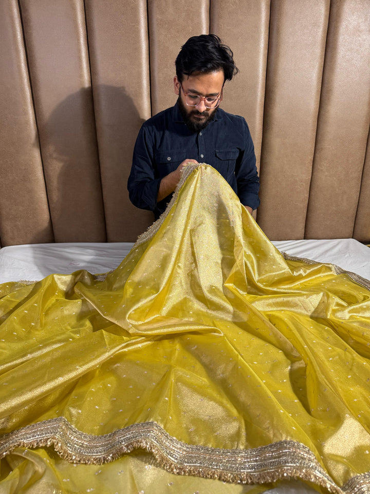 Yellow Shade Tissue Silk Saree with Heavy Lace Work