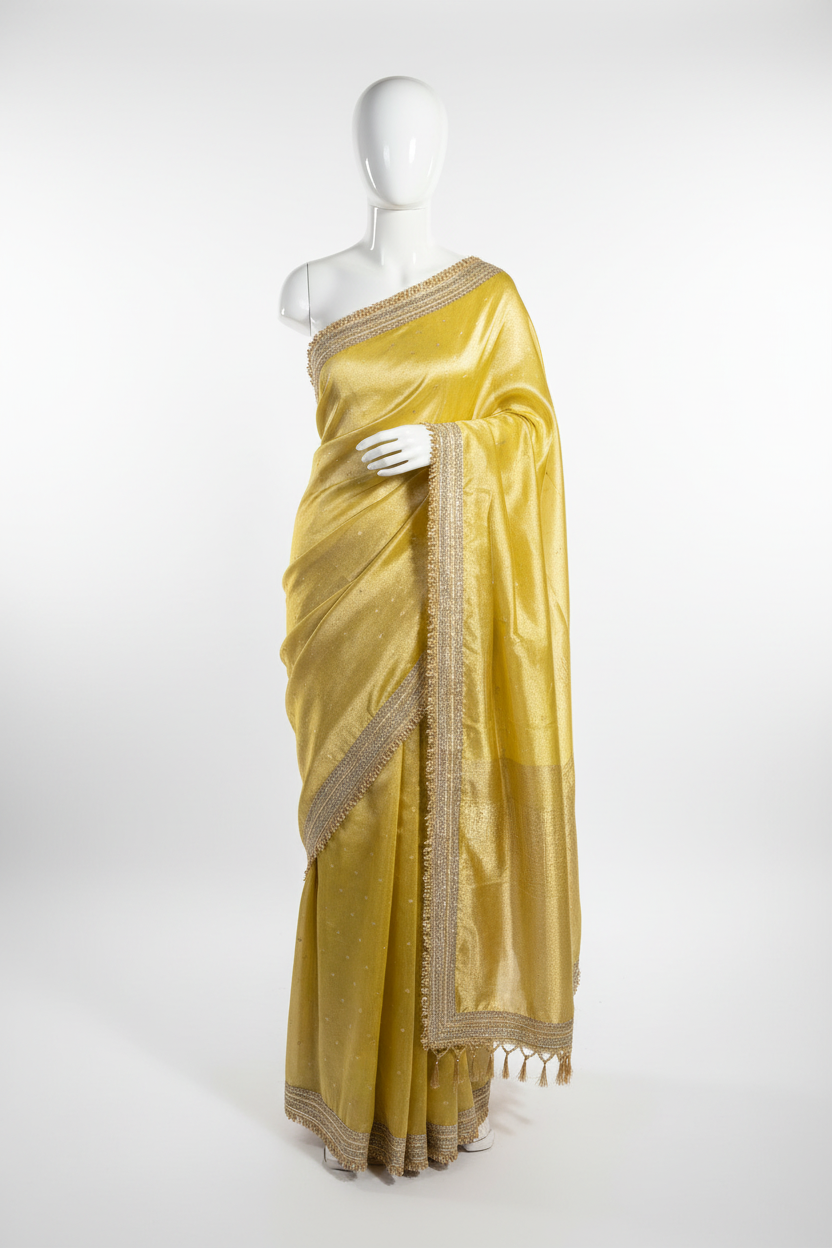 Yellow Shade Tissue Silk Saree with Heavy Lace Work
