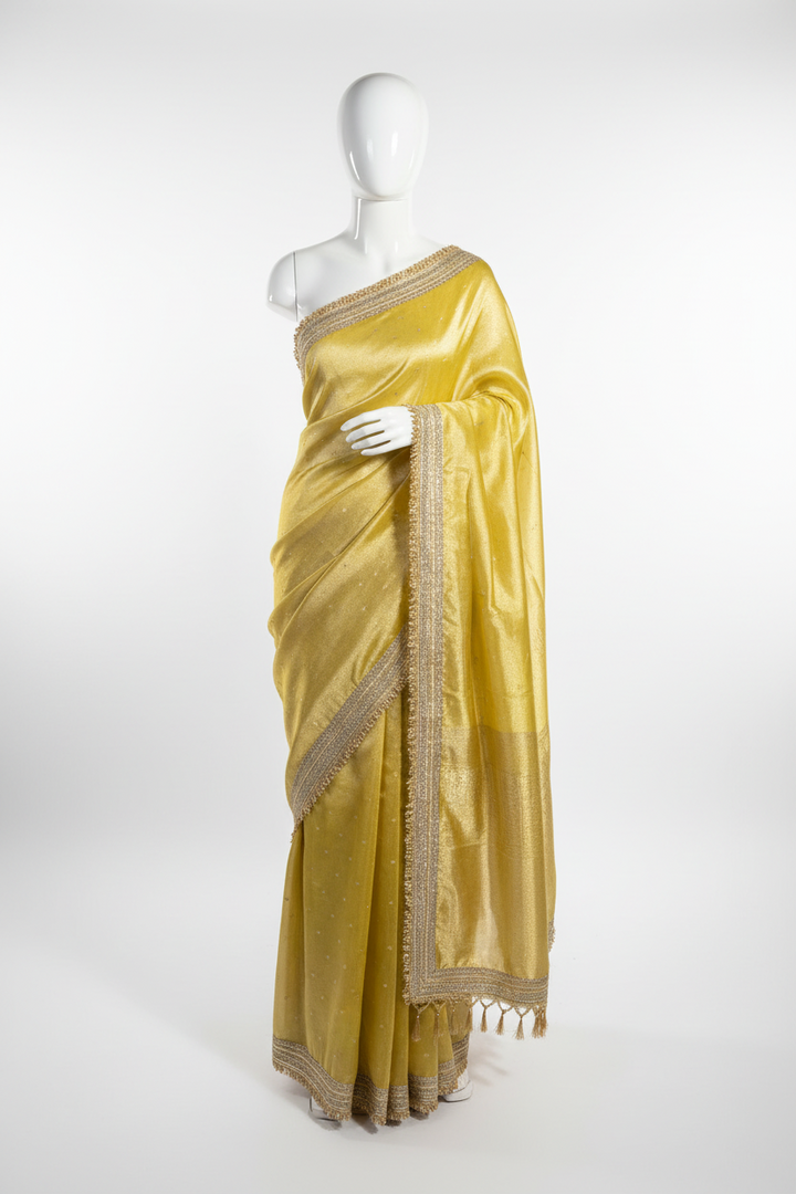 Yellow Shade Tissue Silk Saree with Heavy Lace Work