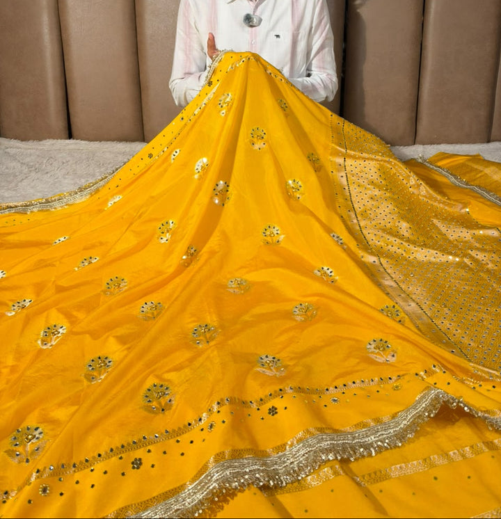 Yellow Soft Georgette Ghungroo Mirror Work Saree
